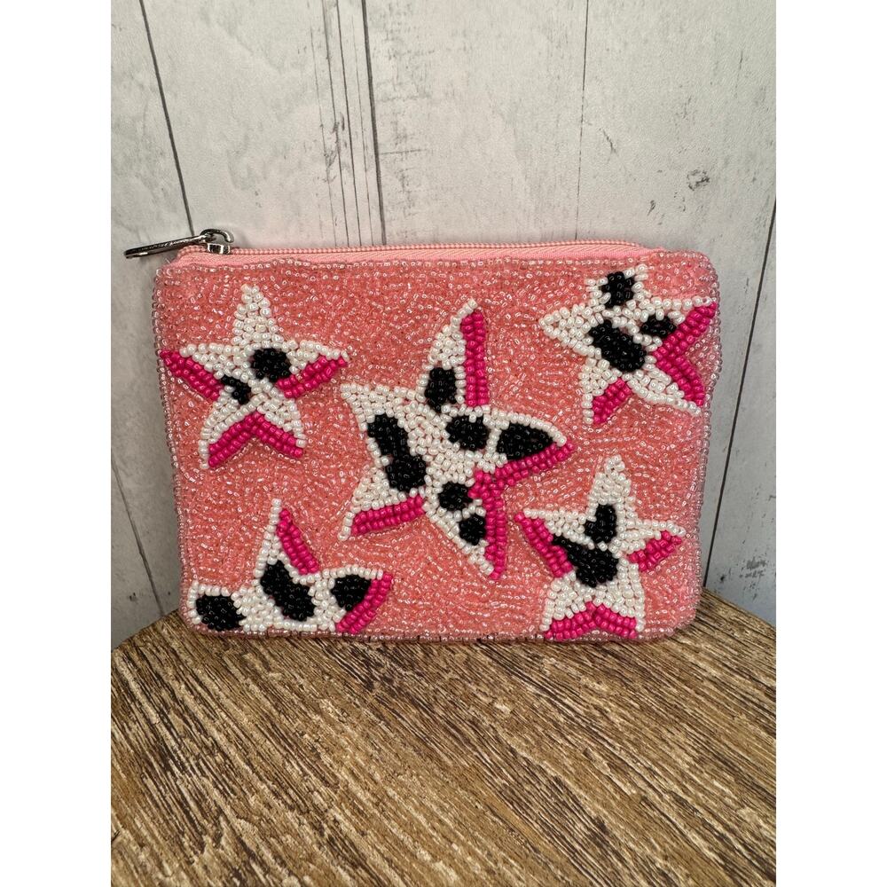 Beaded Coin Purse Cow Star Pink Wallet Travel Womens Accessories NEW FAST SHIP